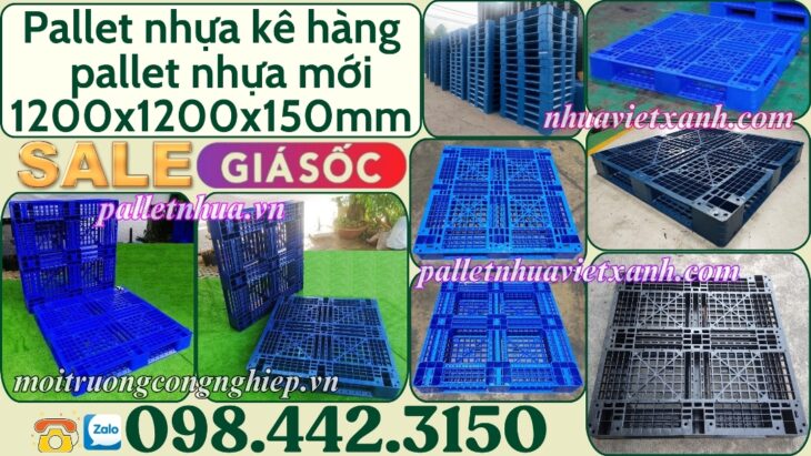 Pallet nhựa 1200x1200x150mm đan thanh màu xanh dương và đen