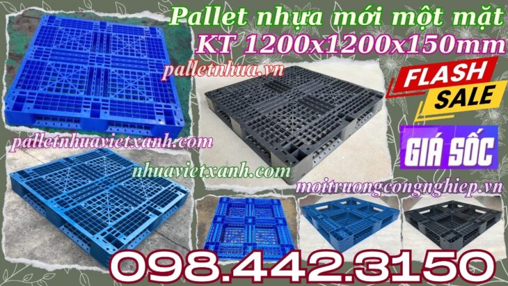 Pallet nhựa 1200x1200x150mm đan thanh màu xanh dương và đen