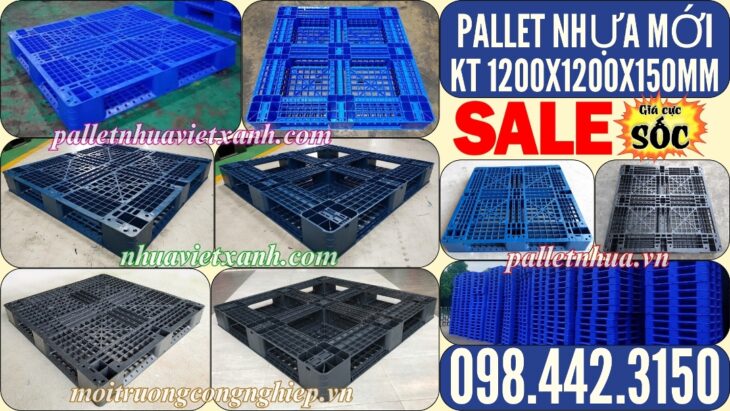 Pallet nhựa 1200x1200x150mm đan thanh màu xanh dương và đen