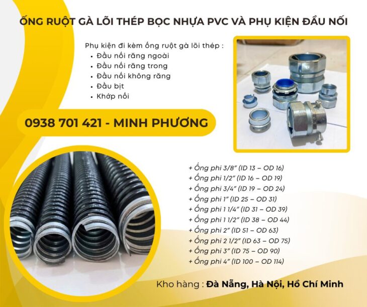Ống ruột gà lõi thép bọc nhựa PVC và phụ kiện đầu nối Lâm Đồng, Đắk Lắk, Bình Định