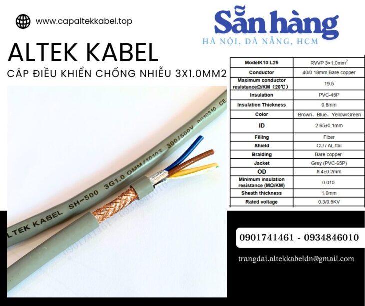 Cáp điều khiển Sh-500 3×1.0 chống nhiễu Altek Kabel sẵn Đà Nẵng, Hà Nội, Sài Gòn
