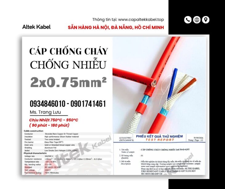 Cáp chống cháy chống nhiễu 2×0.75 Altek Kabel sẵn Đà Nẵng, Bình Định, Phú Yên