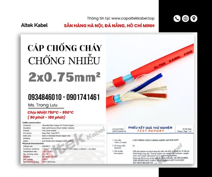 Cáp chống cháy chống nhiễu 2×0.75 Altek Kabel sẵn Đà Nẵng, Bình Định, Phú Yên