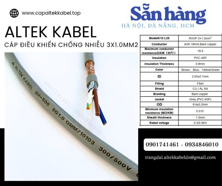 Cáp điều khiển Sh-500 3×1.0 chống nhiễu Altek Kabel sẵn Đà Nẵng, Hà Nội, Sài Gòn