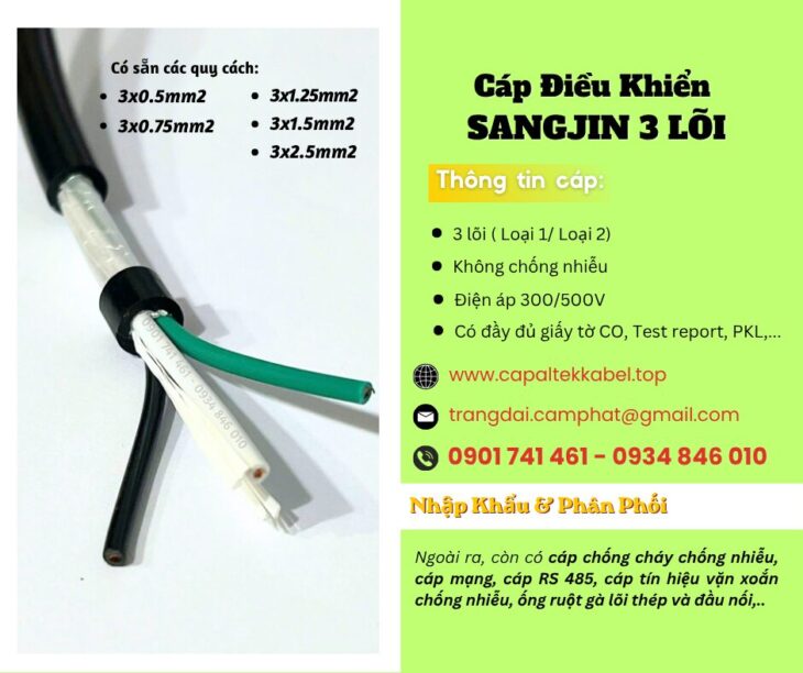 Cáp điều khiển Sangjin 3×0.5/ 3×0.75/ 3×1.25/ 3×1.5/ 3×2.5