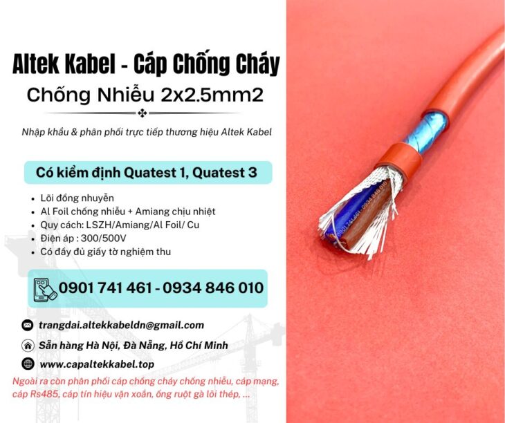 Cáp chống cháy chống nhiễu 2×2.5 Altek Kabel có kiểm định chuẩn IEC 60331, BS6387