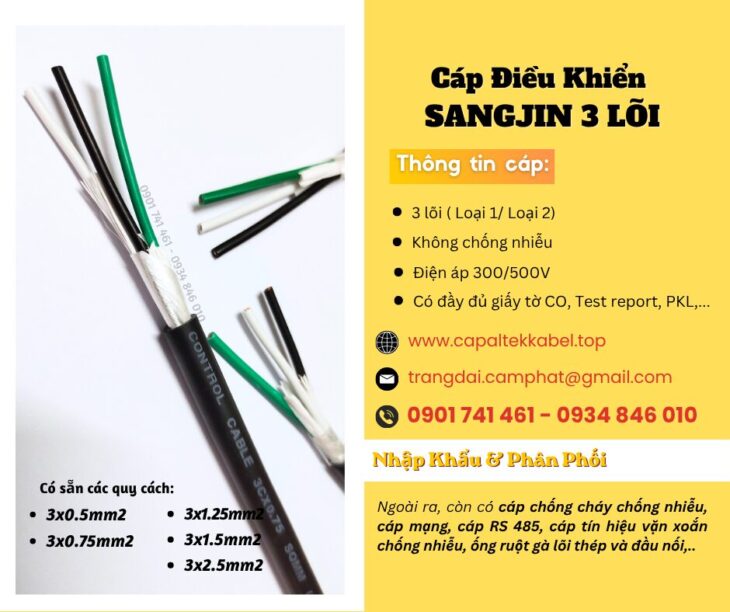 Cáp điều khiển Sangjin 3×0.5/ 3×0.75/ 3×1.25/ 3×1.5/ 3×2.5