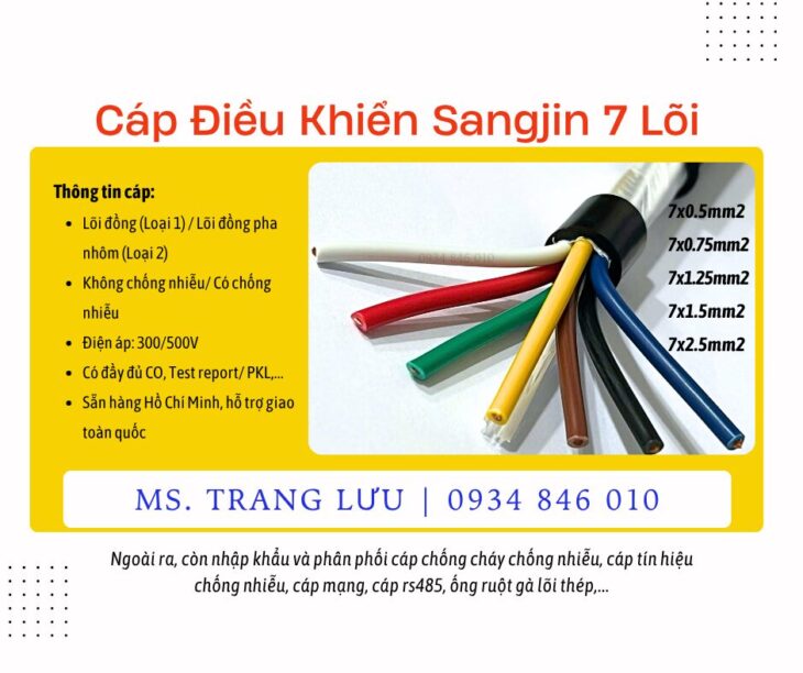 Cáp điều khiển Sangjin 7×0.5/7×0.75/7×1.25/7×1.5/7×2.5 sẵn Sài Gòn, Bình Dương