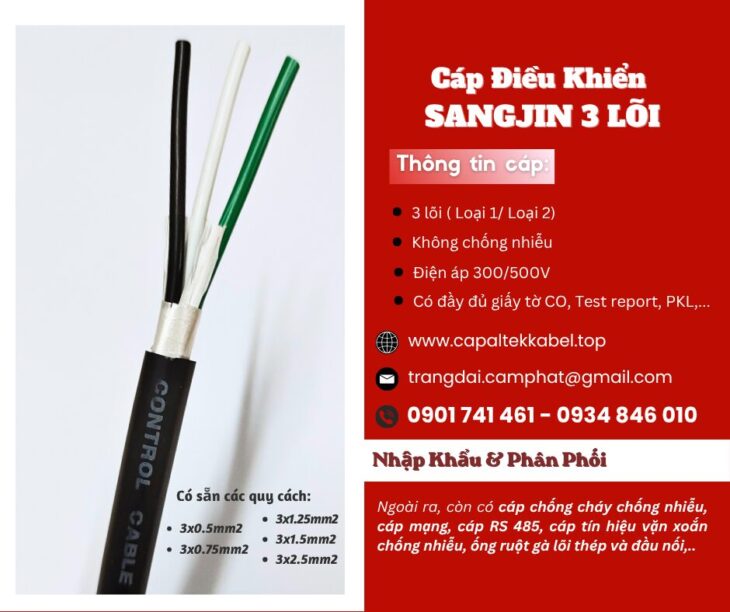 Cáp điều khiển Sangjin 3×0.5/ 3×0.75/ 3×1.25/ 3×1.5/ 3×2.5