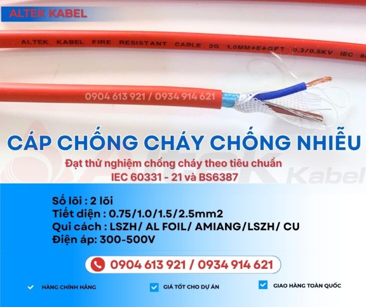 Dây tín hiệu chống cháy chống nhiễu 2×1.0mm2 – IEC60331 – BS6387