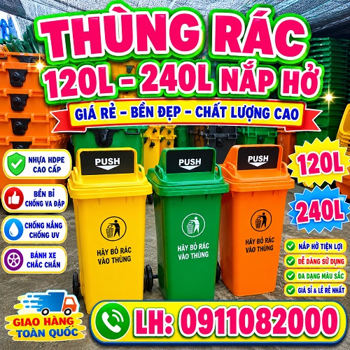 Thùng Rác Công Nghiệp Giá Tận Xưởng- thùng rác 120L 240L giá rẻ- lh 0911082000