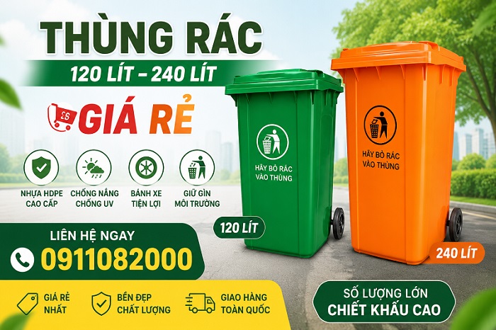 Cung cấp thùng rác nhựa HDPE 120 lít, 240 lít, 660 lít- hàng chất lượng giá rẻ tại cần thơ- lh 0911