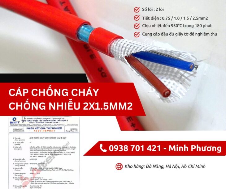 Cáp chống cháy chống nhiễu 2×1.5mm2 chính hãng Đà Nẵng, Hà Nội, Quảng Ngãi