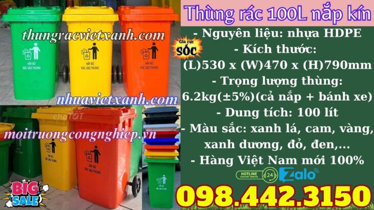 Thùng rác nhựa 100 lít nắp kín TR100