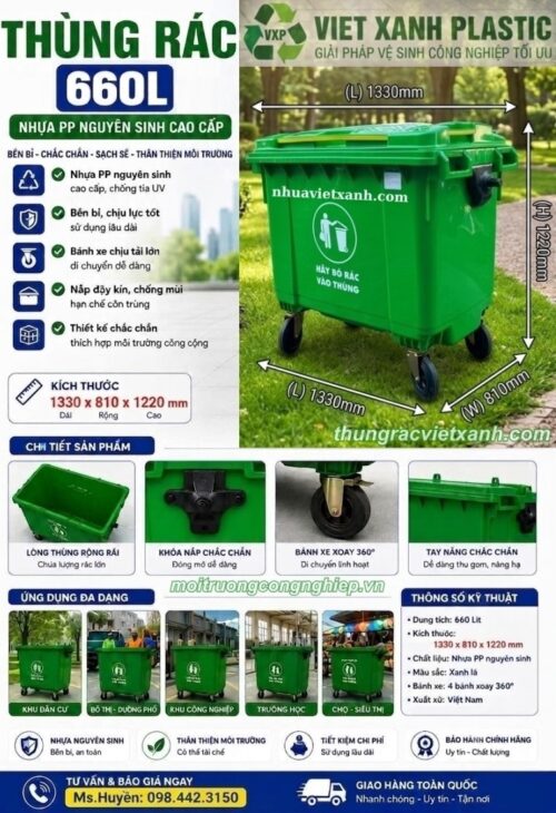Thùng rác nhựa 660 lít 4 bánh xe TR660