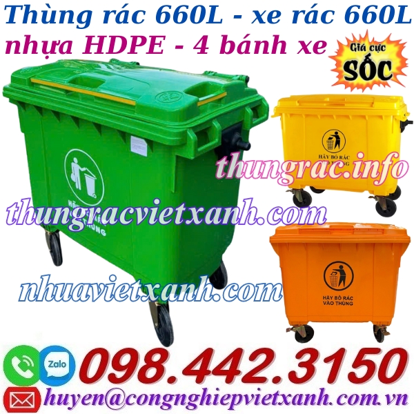 Thùng rác nhựa 660 lít 4 bánh xe TR660