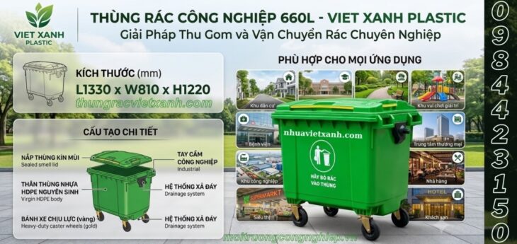 Thùng rác nhựa 660 lít 4 bánh xe TR660