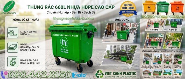 Thùng rác nhựa 660 lít 4 bánh xe TR660