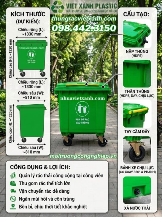 Thùng rác nhựa 660 lít 4 bánh xe TR660