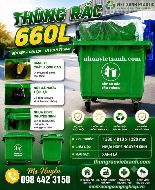 Thùng rác nhựa 660 lít 4 bánh xe TR660