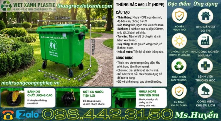 Thùng rác nhựa 660 lít 4 bánh xe TR660