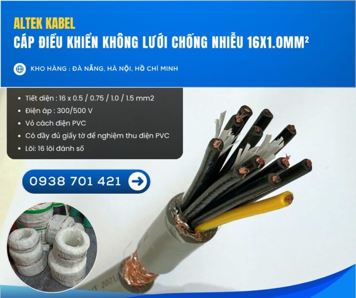Cáp điều khiển không lưới chống nhiễu 16×1.0mm² – Hàng sẵn kho Đà Nẵng, HN, HCM