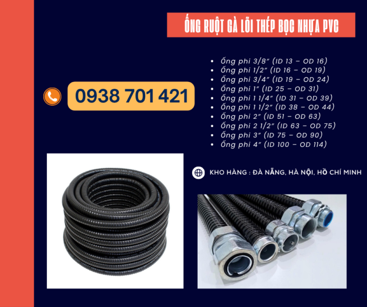 Ống ruột gà thép bọc nhựa PVC dùng cho tủ điện và máy móc Gia Lai, Bình Định, Huế