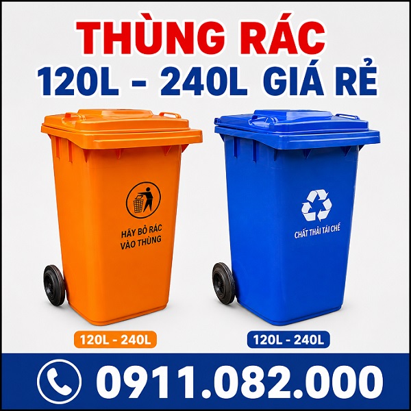 Thùng rác nắp kín màu xanh hàng chất lượng- thùng rác 120l 240l giá rẻ tại an giang- lh 0911.082.00