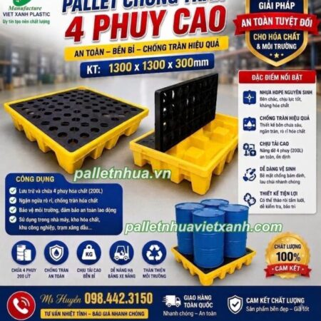 Pallet chống tràn 4 phuy cao – KT 1300x1300x300mm Pallet chống tràn 4 phuy cao – KT 1300x1300x300mm