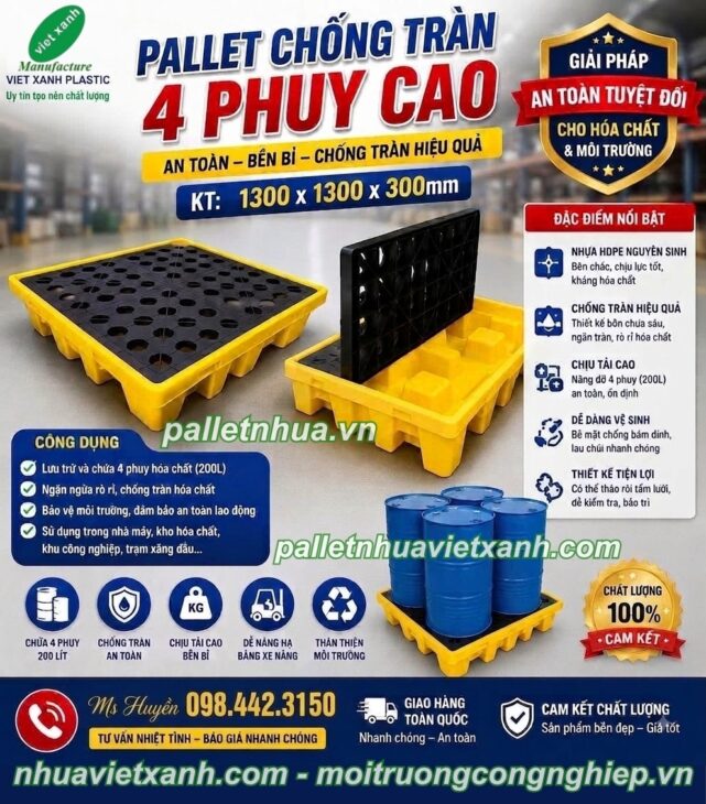 Pallet chống tràn 4 phuy cao – KT 1300x1300x300mm