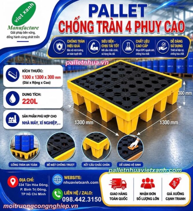 Pallet chống tràn 4 phuy cao – KT 1300x1300x300mm