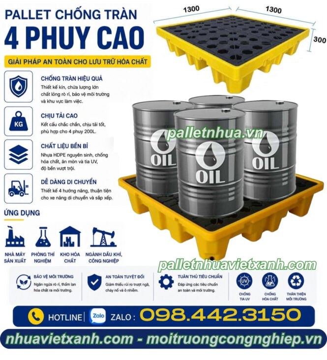 Pallet chống tràn 4 phuy cao – KT 1300x1300x300mm