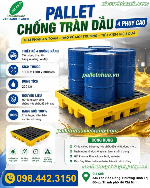 Pallet chống tràn 4 phuy cao – KT 1300x1300x300mm