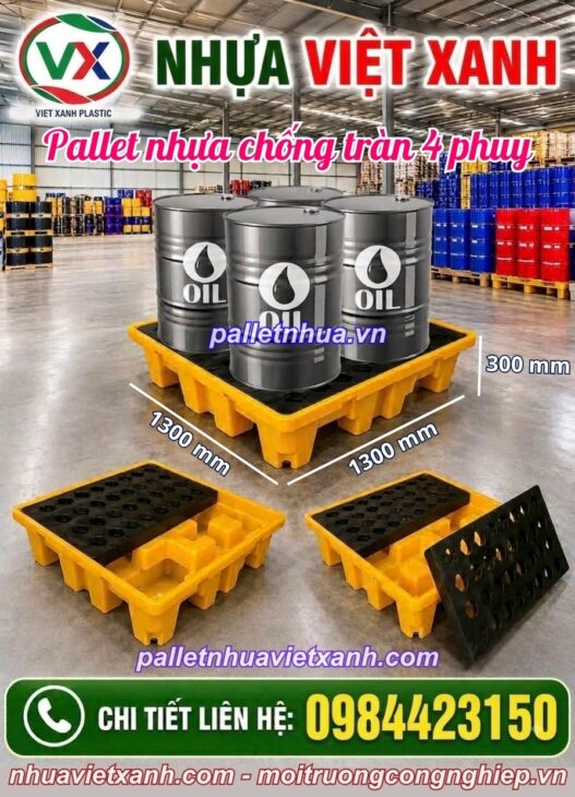 Pallet chống tràn 4 phuy cao – KT 1300x1300x300mm