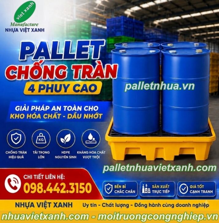 Pallet chống tràn 4 phuy cao – KT 1300x1300x300mm