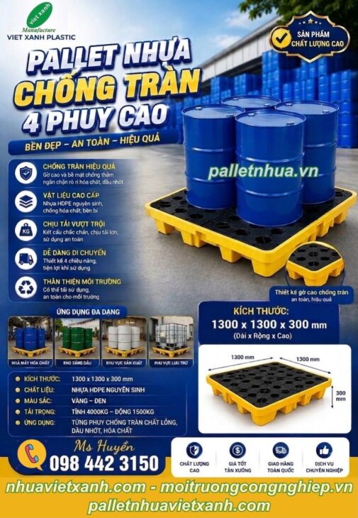 Pallet chống tràn 4 phuy cao – KT 1300x1300x300mm
