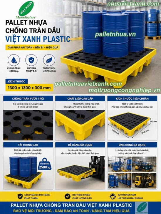 Pallet chống tràn 4 phuy cao – KT 1300x1300x300mm