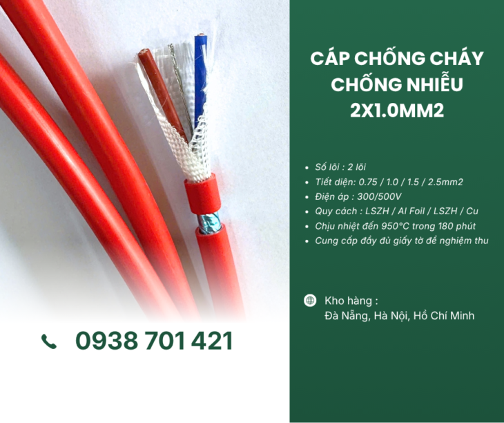 Cáp chống cháy chống nhiễu 2×1.0mm² sẵn kho, phân phối toàn quốc