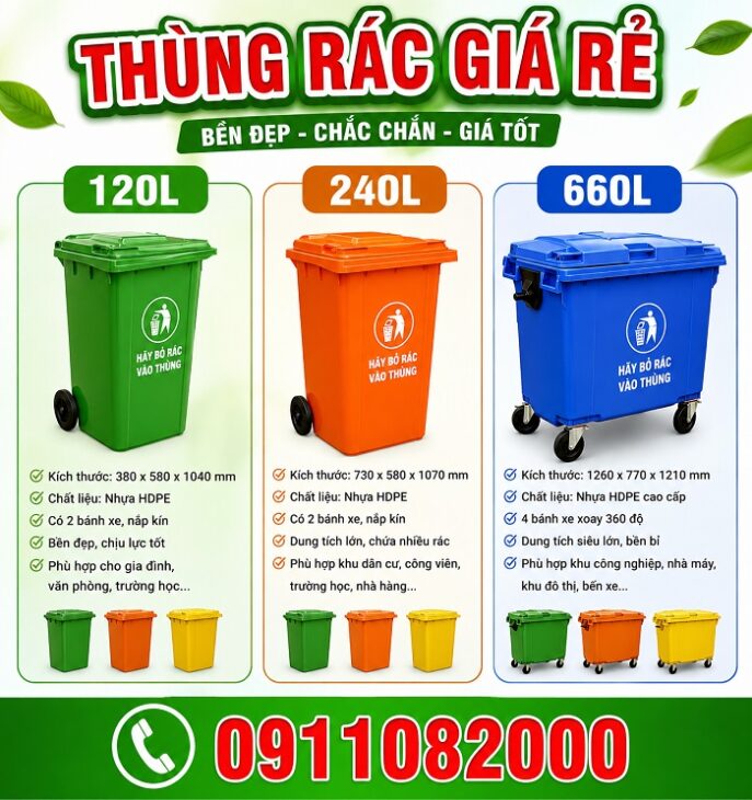 Giới thiệu nơi bán thùng rác giá rẻ, thùng rác 120L 240L 660L giá tốt- lh 0911082000