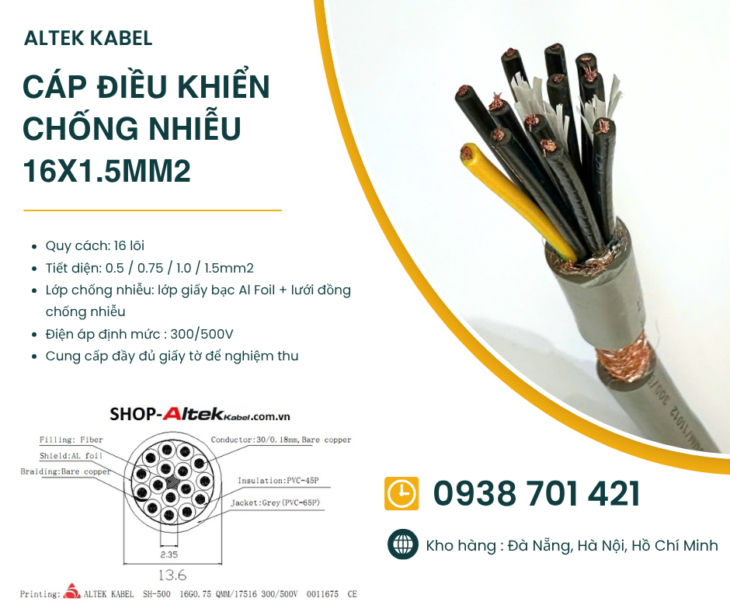 Cáp điều khiển chống nhiễu 16×1.5mm² Altek Kabel SH-11516 –Cáp điều khiển 16 lõi có lưới chống nhiễu