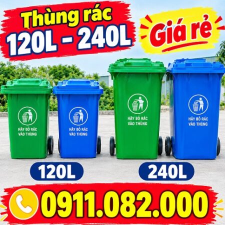 Giá thùng rác hiện nay 2026- thùng rác 240 lít màu xanh giá rẻ tại vĩnh long- lh 0911.082.000