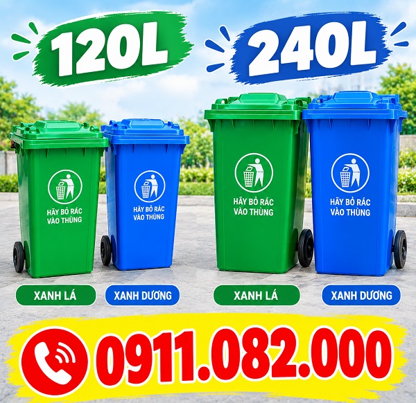 Thùng rác nhựa 240L giá rẻ- thùng rác dày mới 100% giá tốt tại an giang- lh 0911.082.000